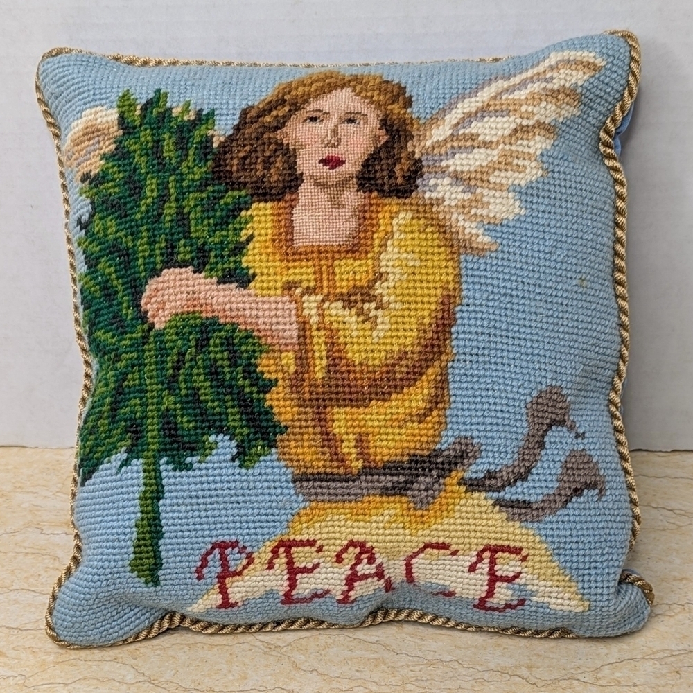 Vintage Style Needlepoint Christmas Holiday Angel Small Peace Pillow
